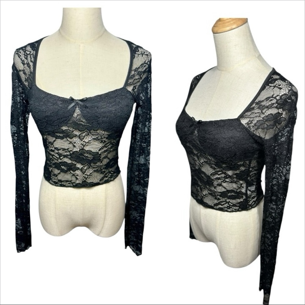 Unbranded Y2K Babydoll Black‎ Lace Sheer Top Dark Coquette Grunge